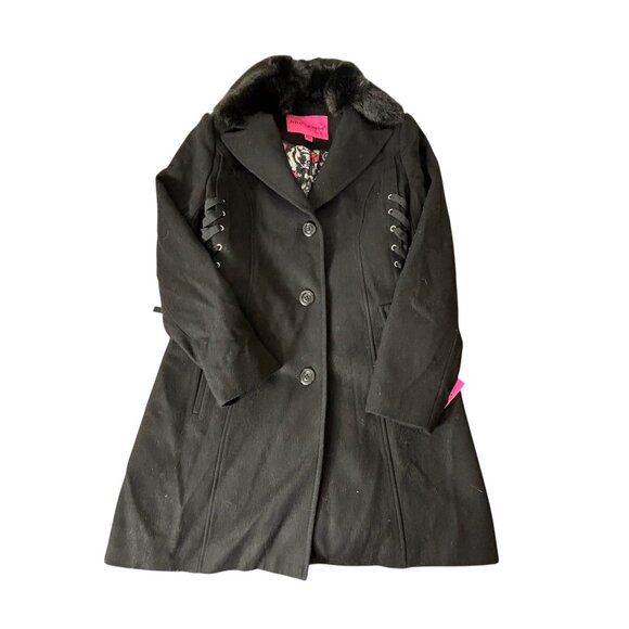 Betsey Johnson Corset Trench Coat Faux Fur Collar Wool Blend Black Size S NWT - Picture 4 of 10